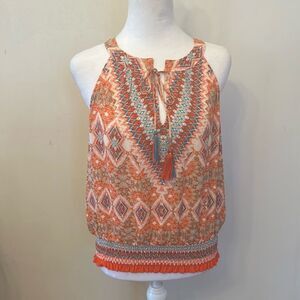 Rose + Olive orange white Boho patterned gathered sleeveless blouse Size M EUC
